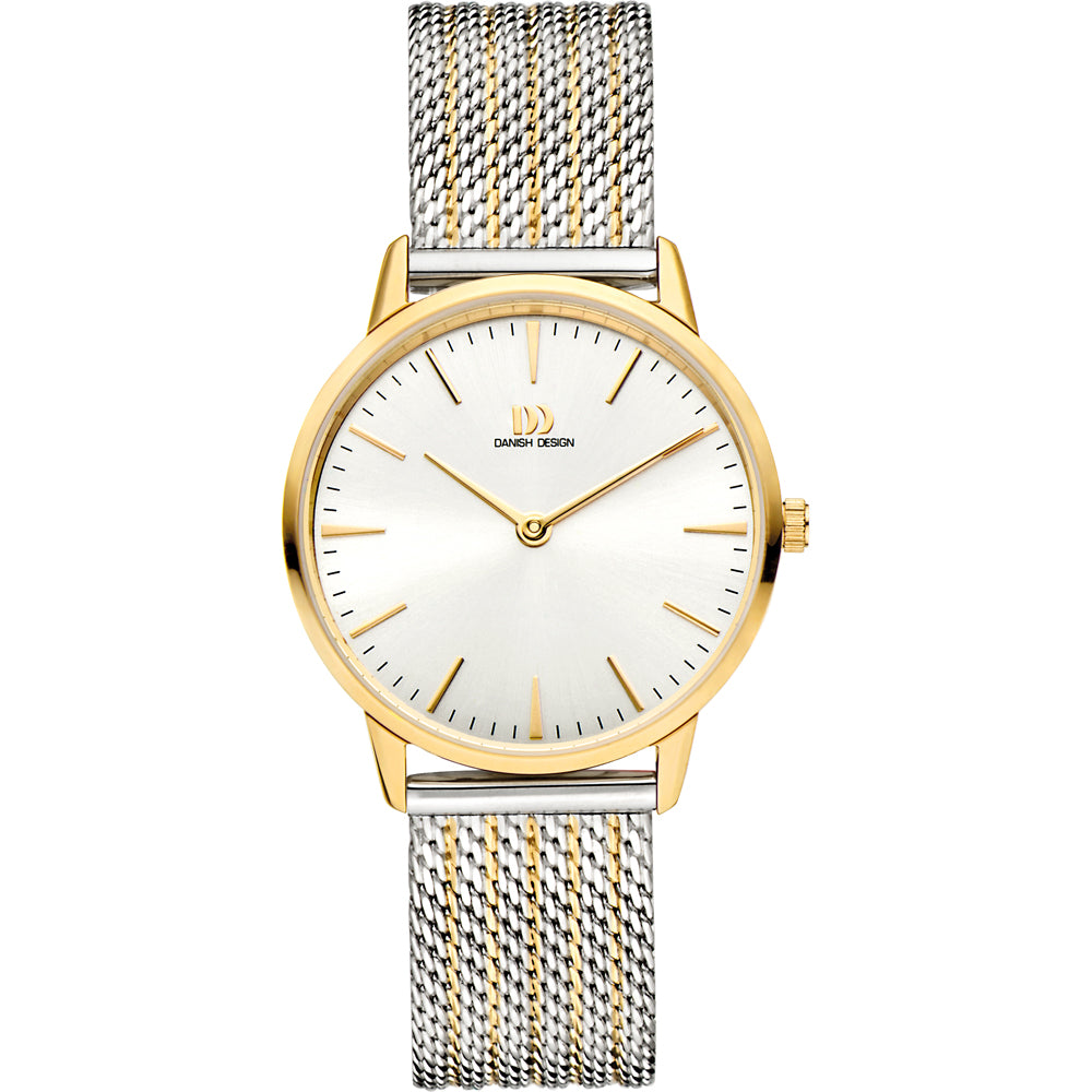 Montre avec un cadran argenté, boîtier doré et bracelet en maille métallique bicolore.