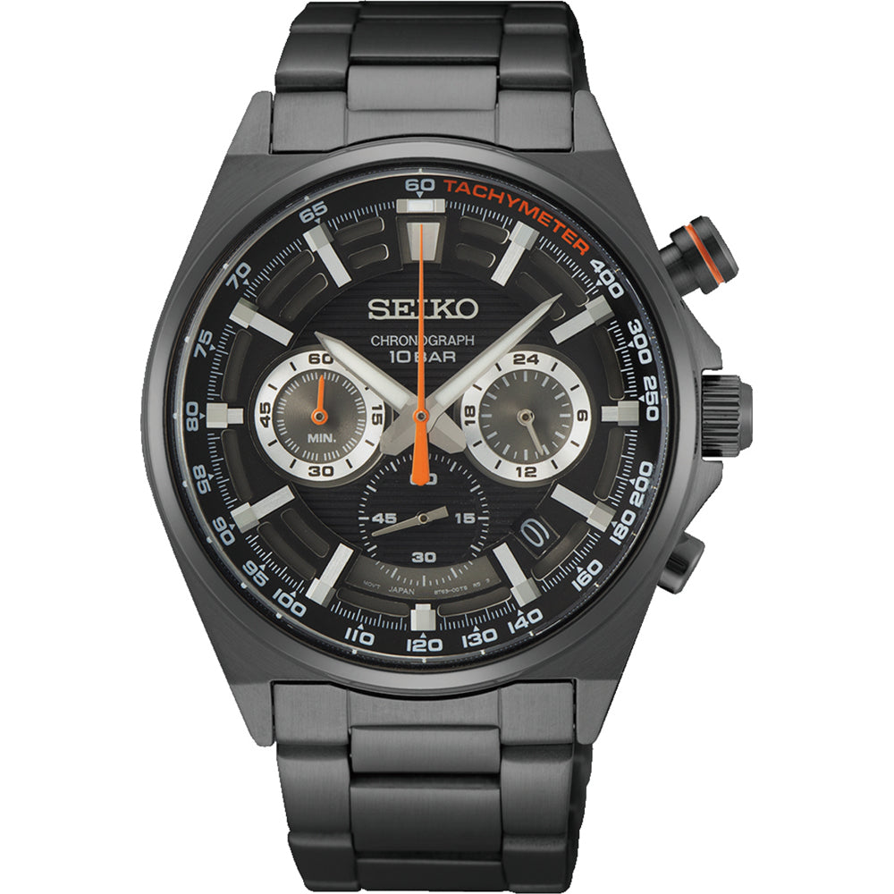 Montre pour homme Seiko avec boîtier noir, cadran noir et bracelet en acier inoxydable, affichage chronographe.