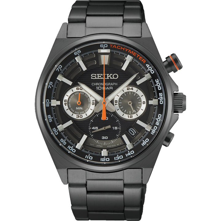 De Seiko herenhorloge SSB399P1 heeft een zwarte metalen band en kast, chronograaffunctie, witte sub-wijzerplaten, oranje accenten en zilveren uurmarkeringen. Het heeft een waterdichtheid van 10ATM voor al uw avonturen en bevat een tachymeterschaal bezel met zilveren en oranje wijzers.