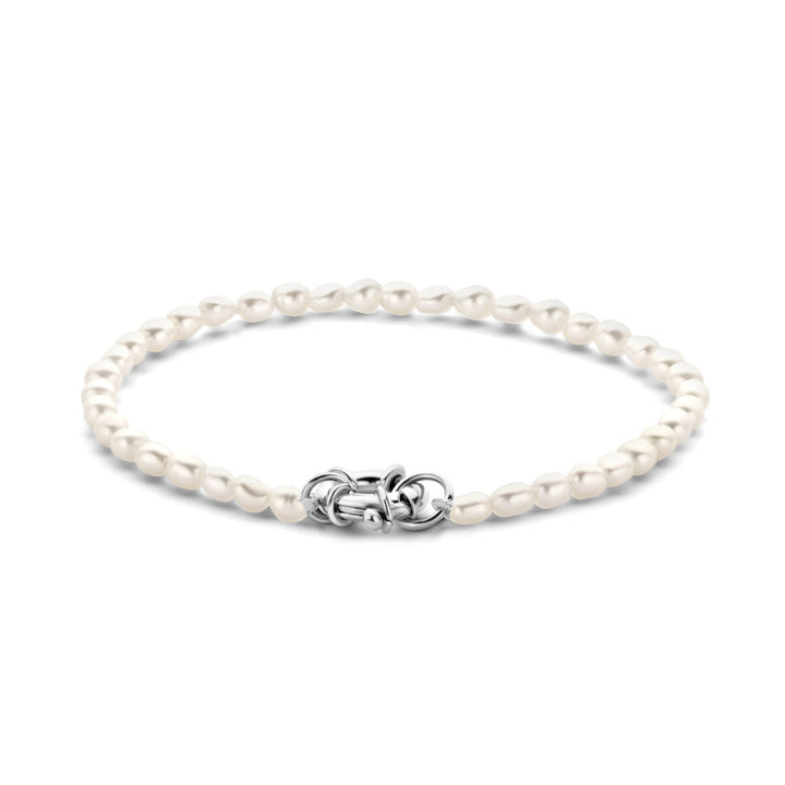 Zilveren armband dames parel met groot springslot gerhodineerd