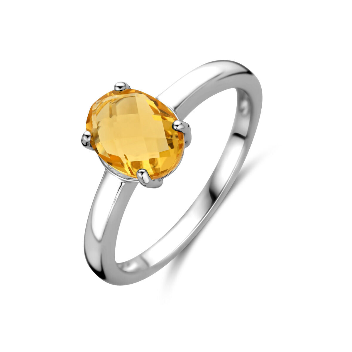 Bague en argent rhodié avec une pierre de citrine ovale.