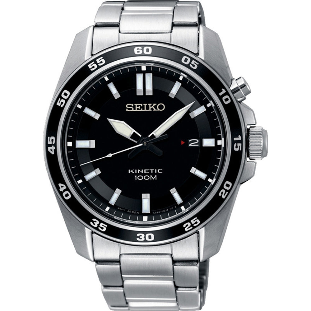Montre pour homme Seiko avec boîtier en acier inoxydable, cadran noir et bracelet en acier.