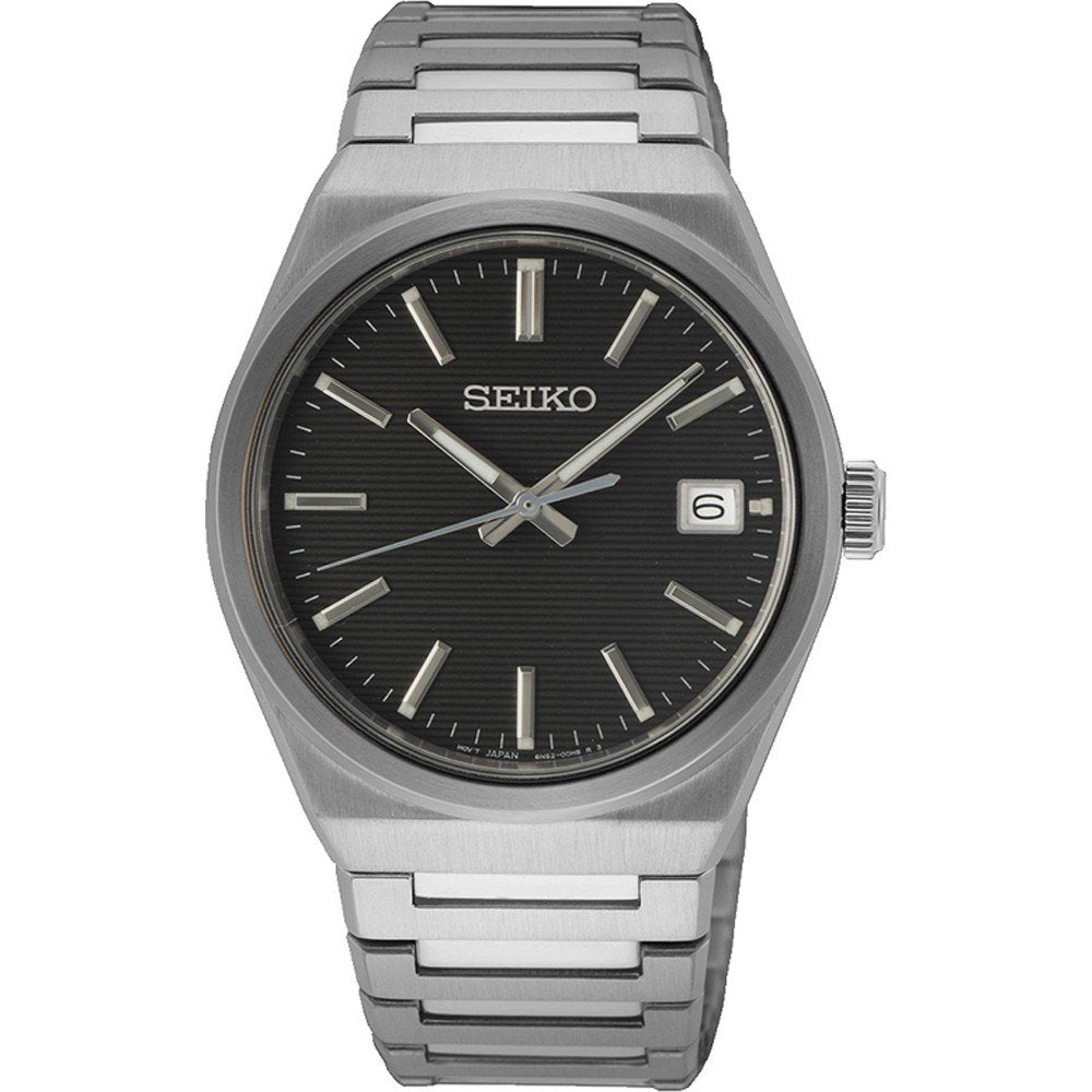 Montre pour homme Seiko avec boîtier en acier inoxydable, cadran noir et bracelet argenté.