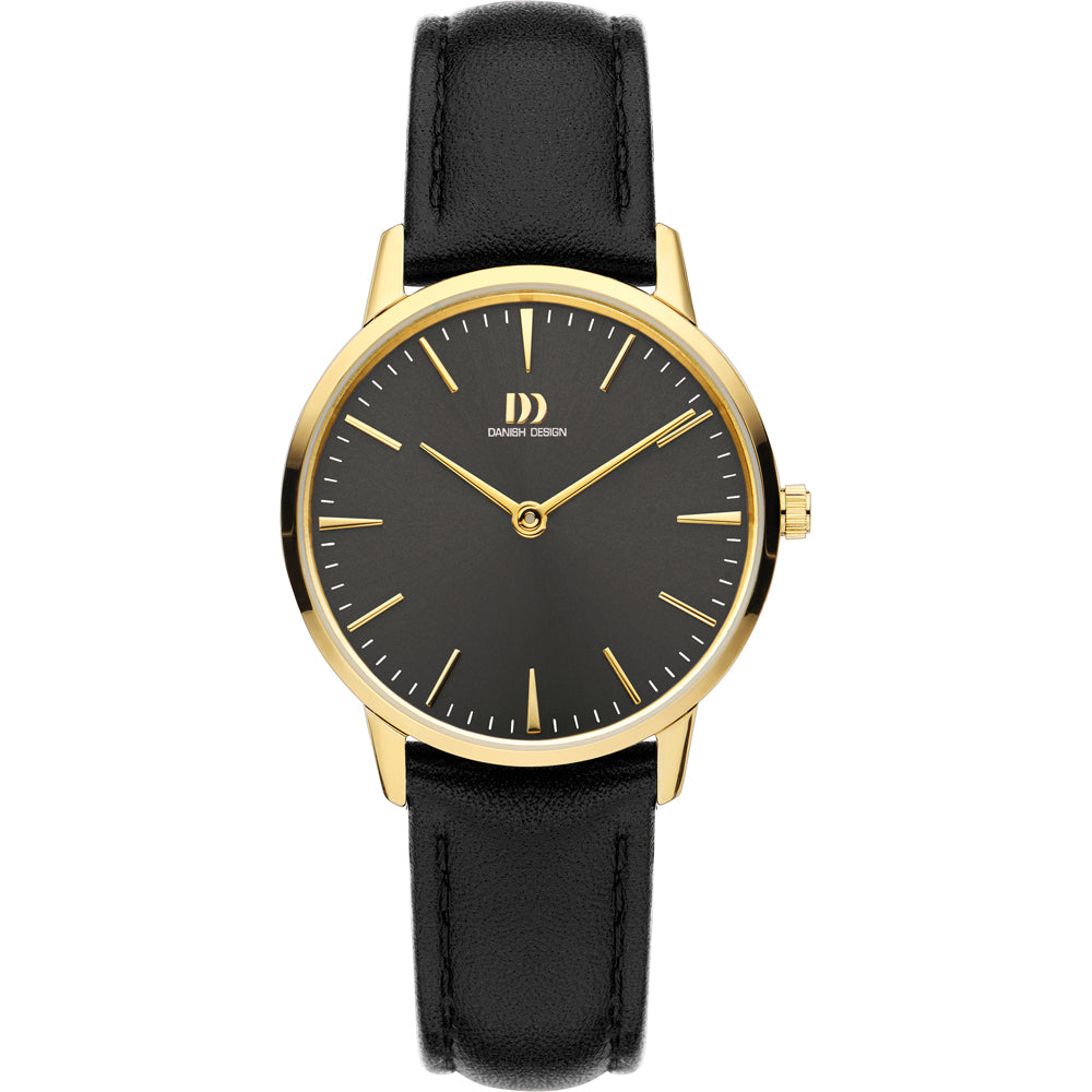 Montre avec boîtier doré, cadran noir et bracelet en cuir noir.