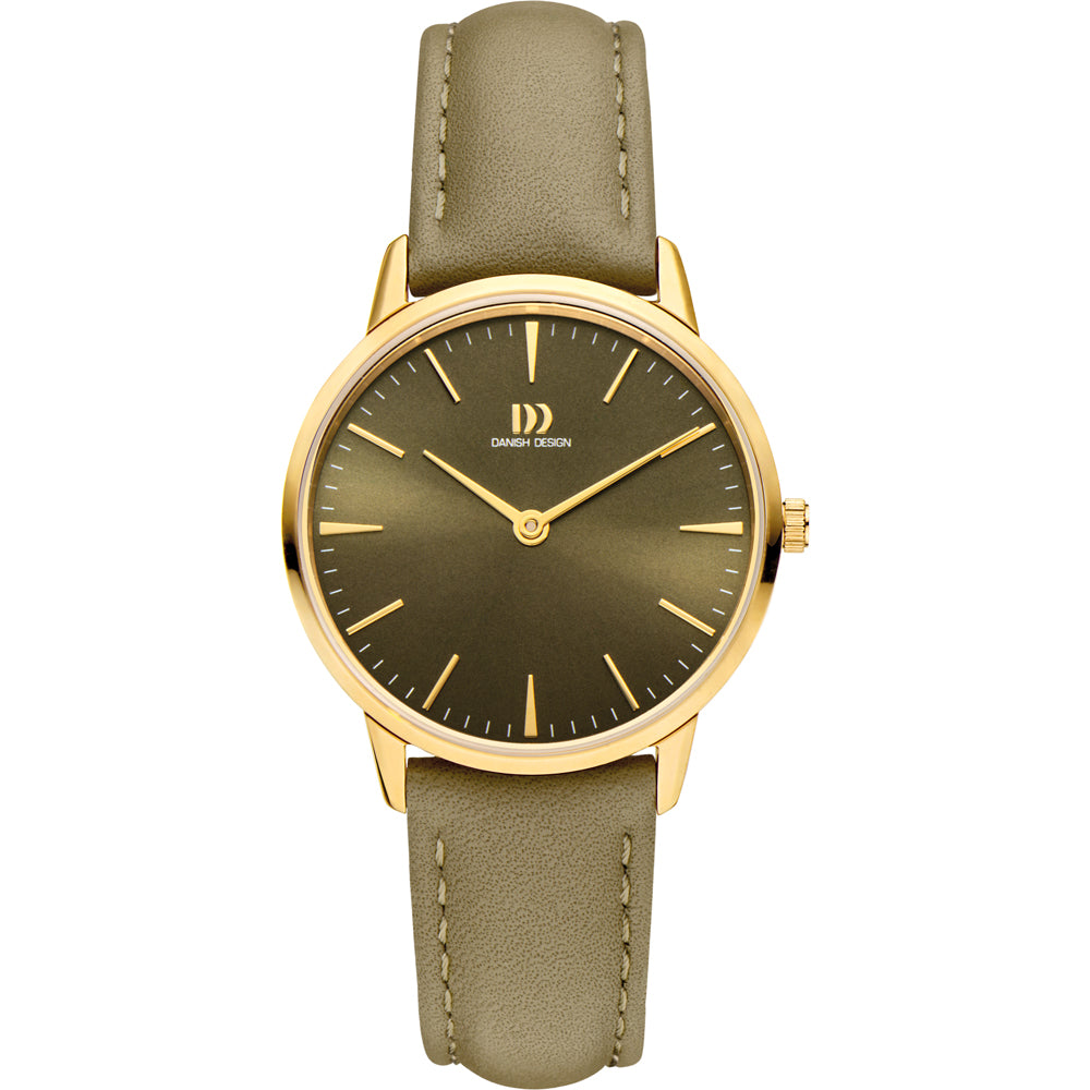 Montre avec boîtier doré, cadran vert olive et bracelet en cuir beige.