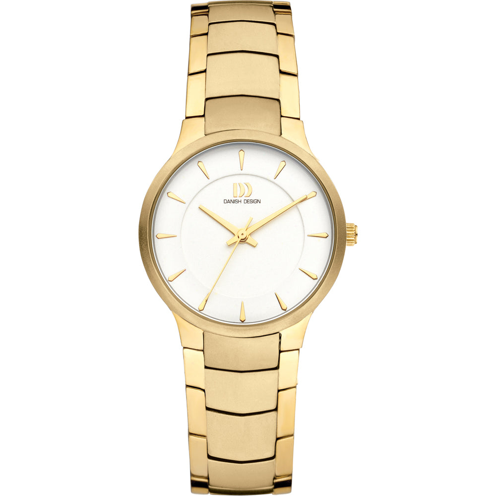 Montre dorée avec un cadran blanc et un bracelet en maillons.