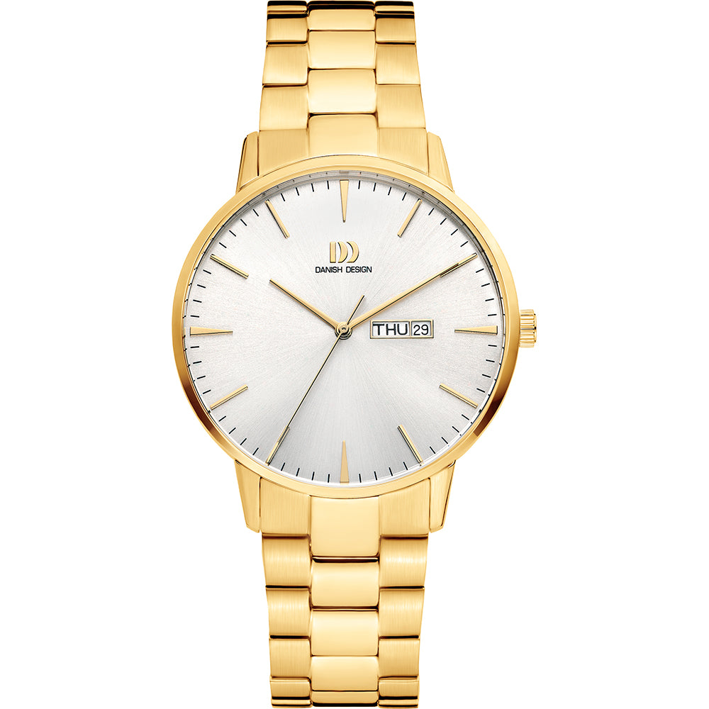 Montre dorée avec un cadran argenté et un bracelet en maillons.