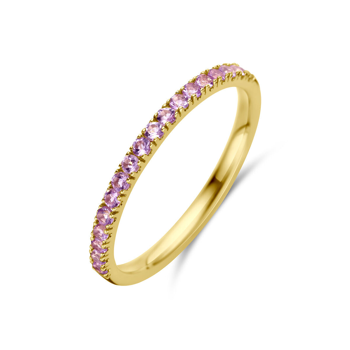 Bague en or jaune 14K ornée de pierres de naissance en améthyste légère.