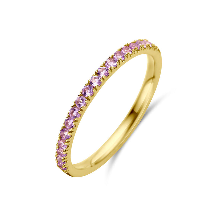 Een delicate 14K geelgouden ring met geboortesteen licht amethist juni van de Van der Kooij Collectie, versierd met kleine lichtpaarse en zachtroze stenen aan de bovenzijde, getoond op een witte achtergrond.