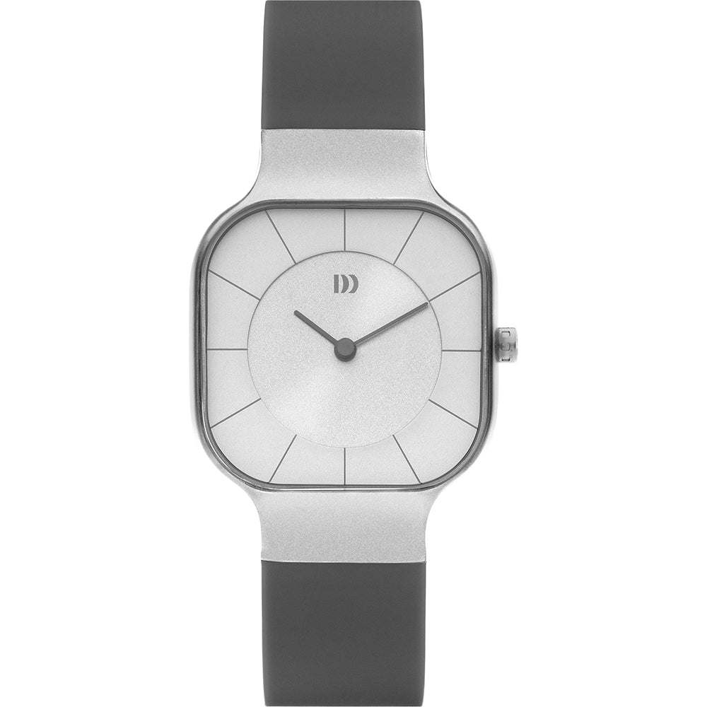 Montre carrée avec cadran argenté et bracelet en silicone noir.