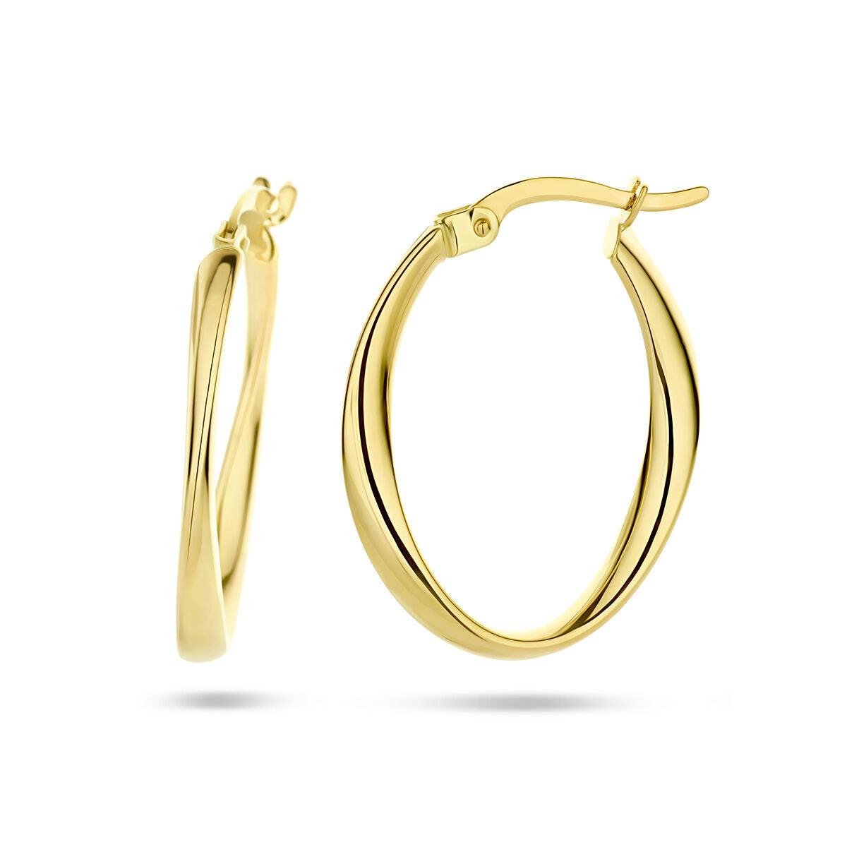 Boucles d'oreilles ovales en tube en or jaune 14K, avec une finition lisse et brillante.