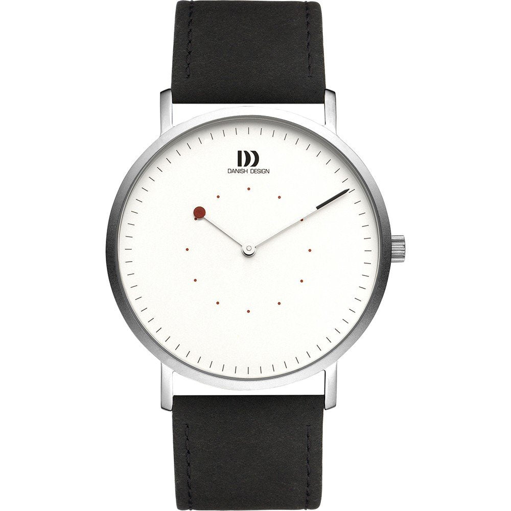 Montre avec un cadran blanc, boîtier argenté et bracelet en cuir noir.