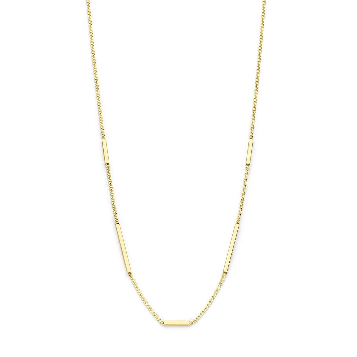 Collier en or 14 carats avec des éléments allongés et une chaîne délicate.