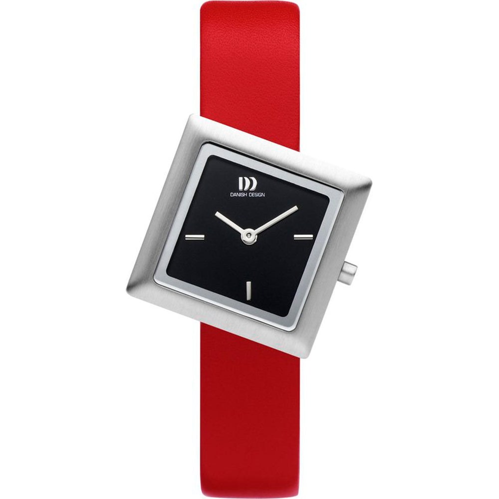 Montre carrée avec un cadran noir, boîtier argenté et bracelet en silicone rouge.