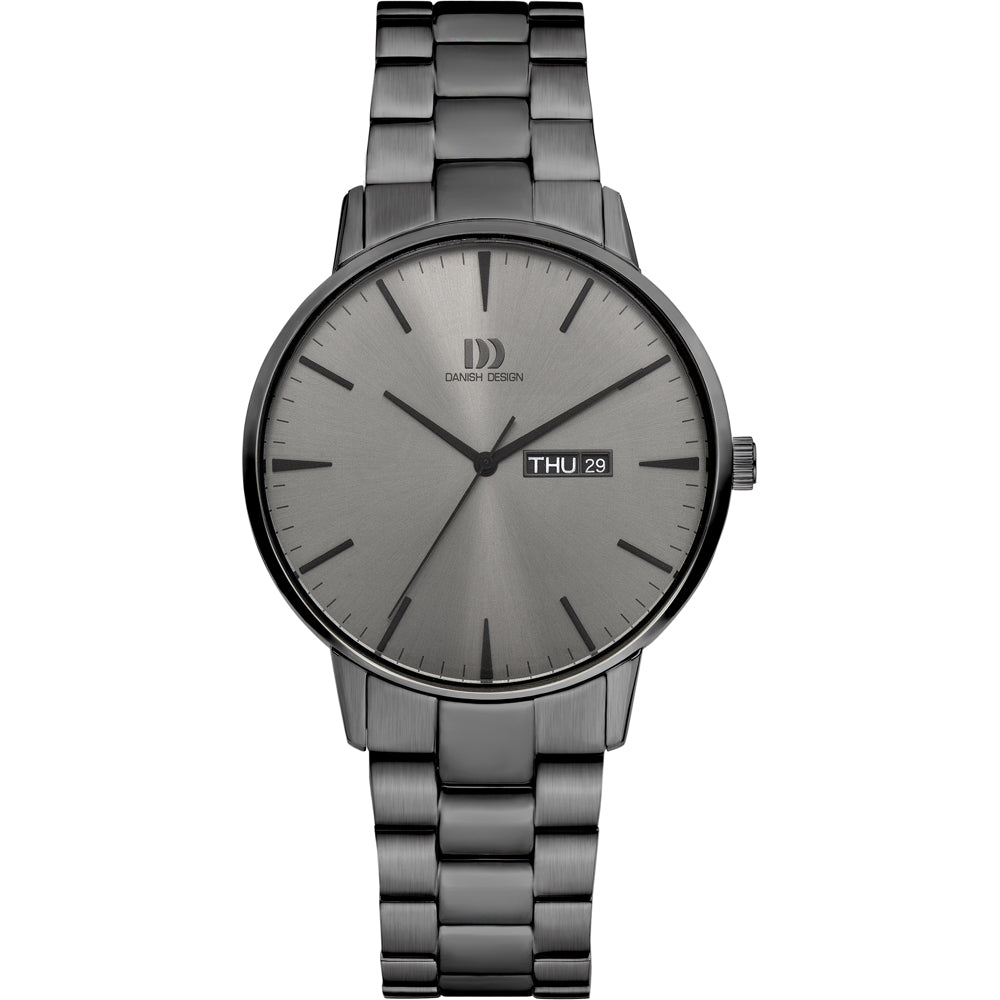Montre en acier inoxydable gris avec un cadran argenté, affichage jour et date.