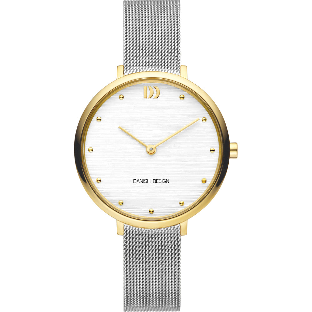 Montre dorée avec cadran blanc, boîtier rond et bracelet en maille argentée.