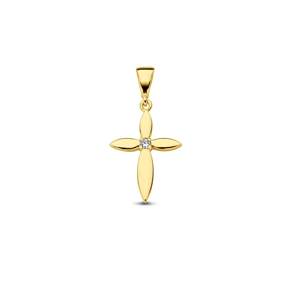 pendentif croix en or jaune 14K avec zirconia, design floral et brillant central.