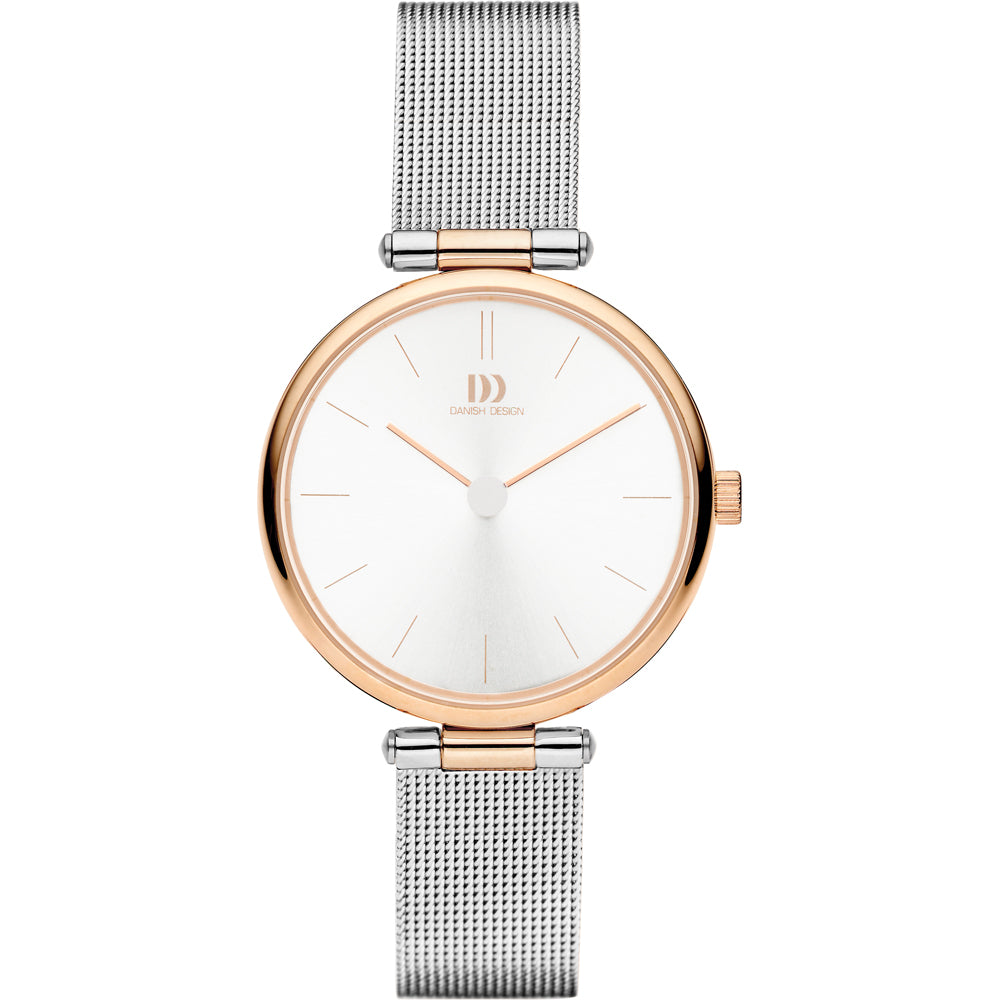 Montre argentée avec boîtier rose et cadran blanc, bracelet en maille métallique.
