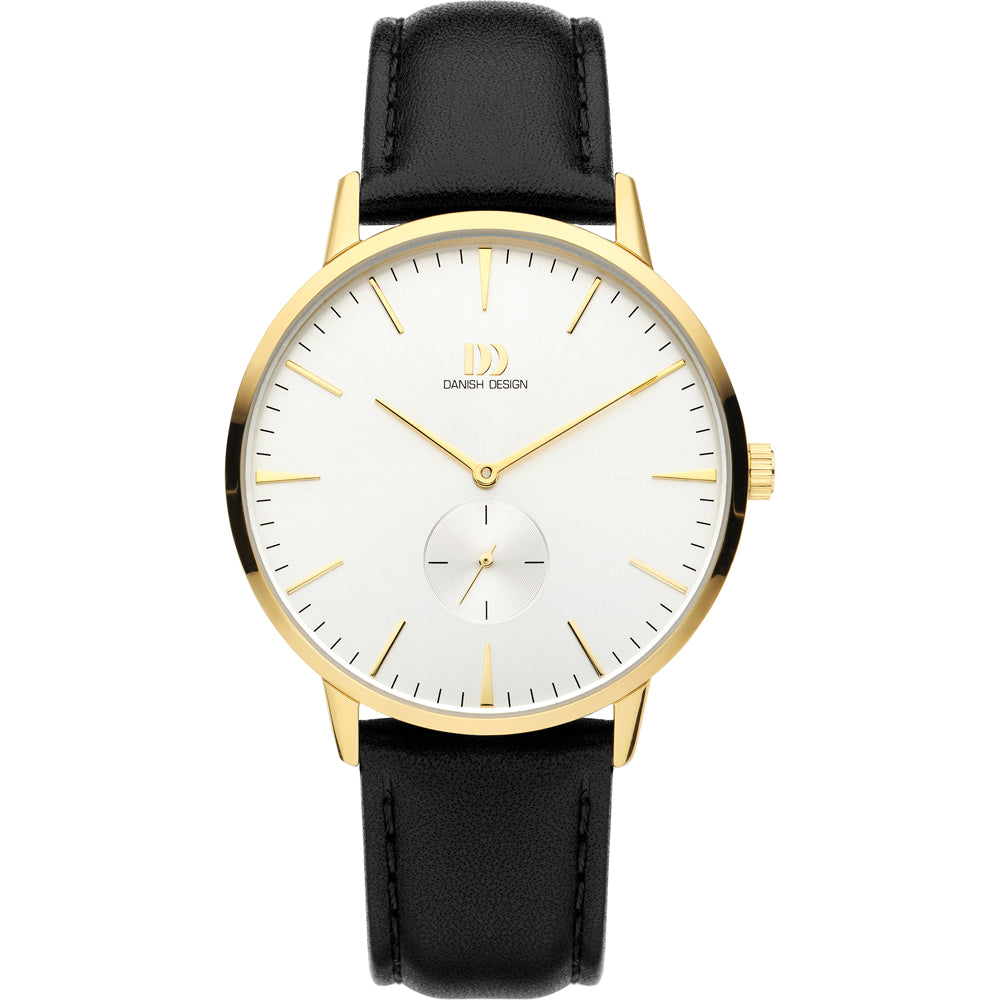 Montre avec boîtier doré, cadran blanc et bracelet en cuir noir.