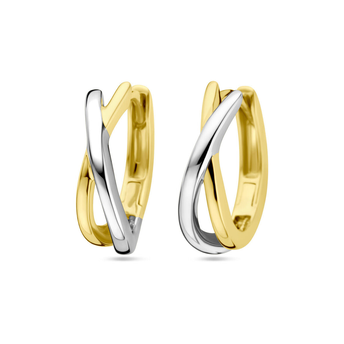 Boucles d'oreilles en or bicolore 14K, avec un design entrecroisé en or jaune et blanc.