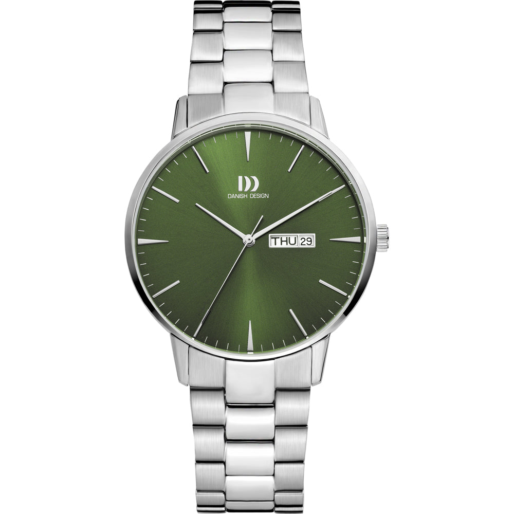 Montre argentée avec cadran vert et bracelet en acier inoxydable.