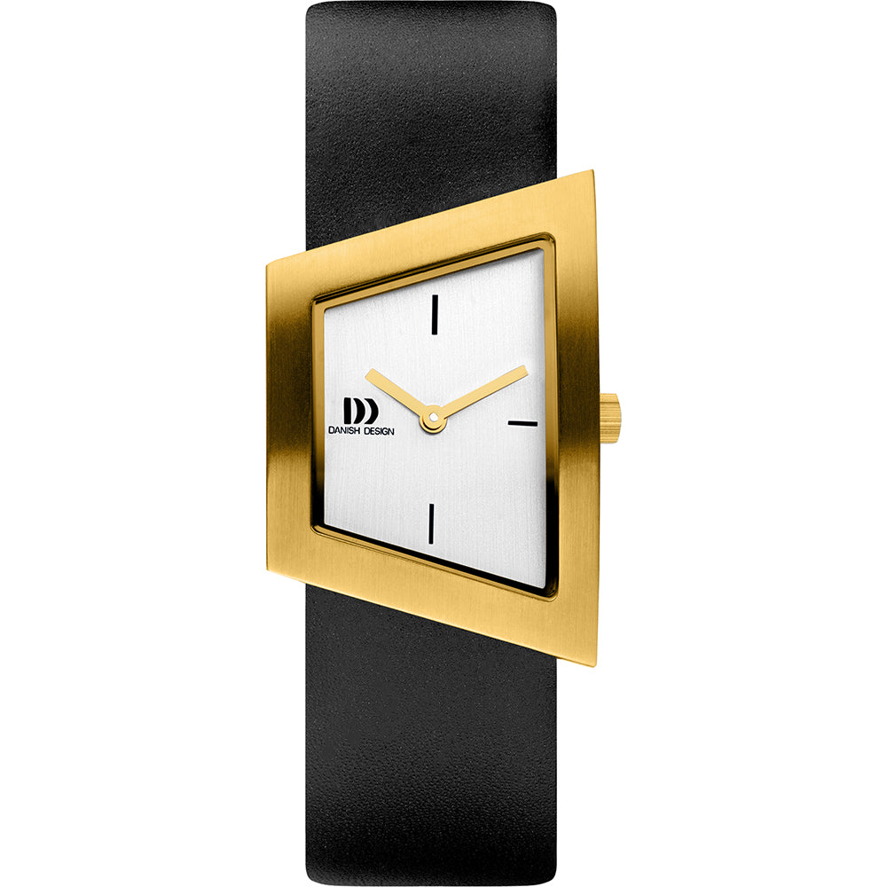 Montre carrée avec boîtier doré, cadran blanc et bracelet en cuir noir.