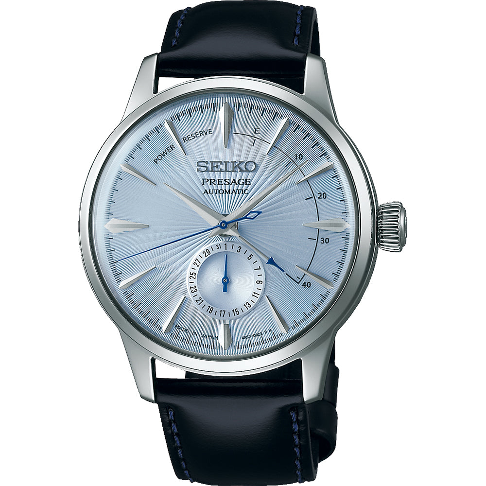 Montre pour homme Seiko Presage avec boîtier en acier inoxydable, cadran argenté et bracelet en cuir noir.