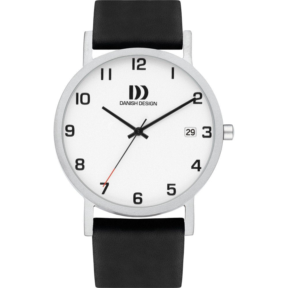 Montre avec boîtier argenté, cadran blanc et bracelet en cuir noir, affichage classique.