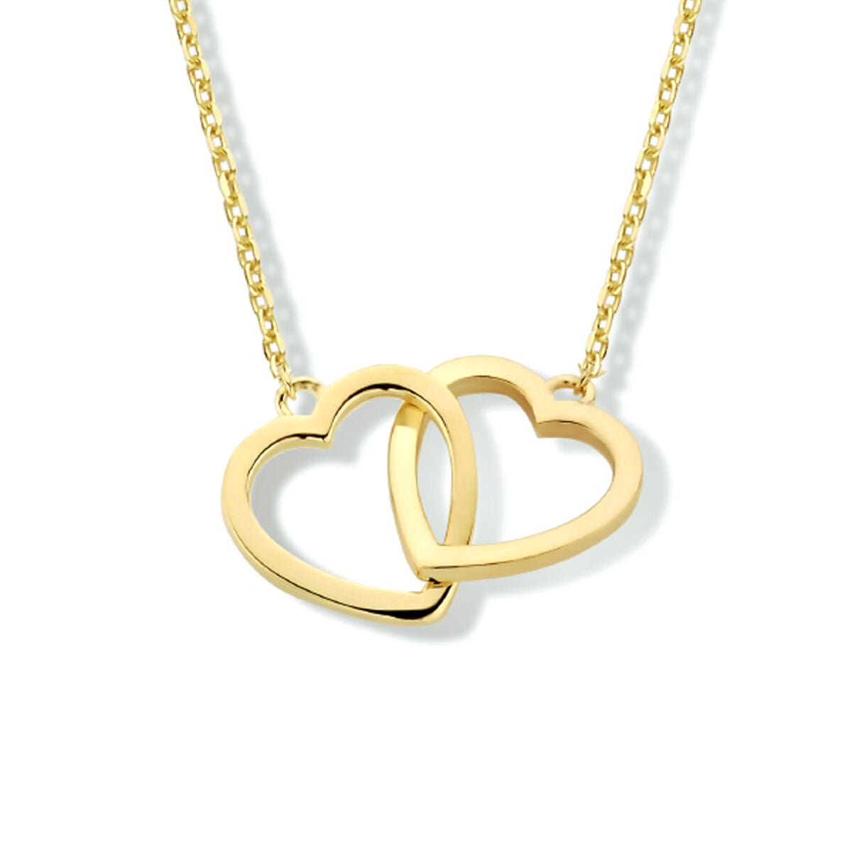 Collier en or jaune 14K avec deux cœurs entrelacés, longueur ajustable de 40 à 44 cm.