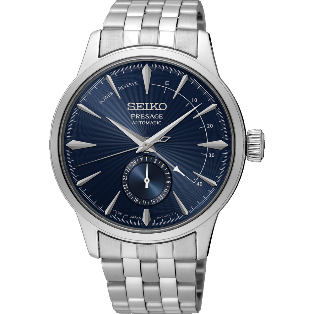 Montre pour homme Seiko Presage avec cadran bleu, boîtier en acier inoxydable et bracelet en métal.