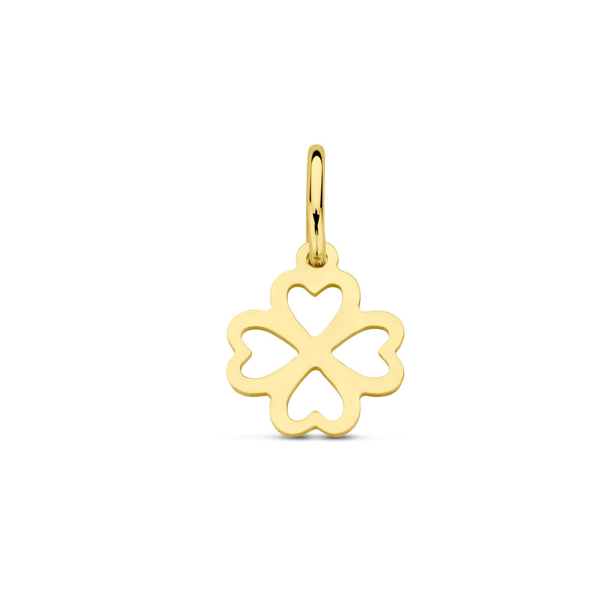 pendentif en or jaune 14K en forme de trèfle avec des cœurs.