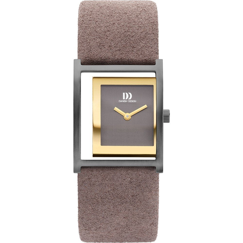 Montre pour femme avec cadran noir, boîtier doré et bracelet en cuir suédé gris.
