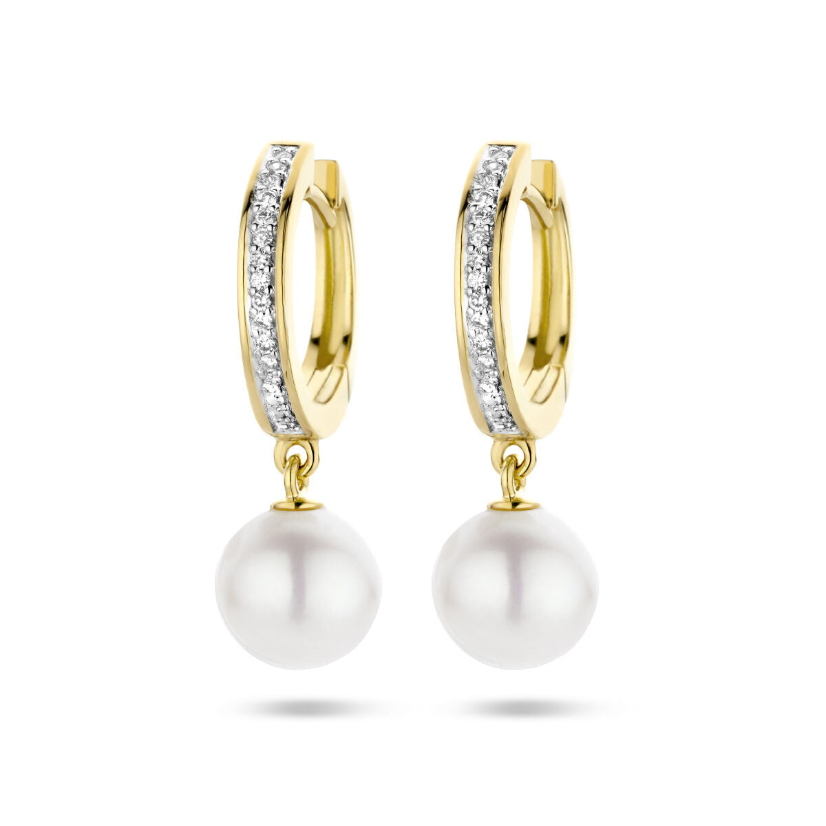 Boucles d'oreilles en or jaune 14K avec perles blanches et diamants bicolores de 0,08 ct.