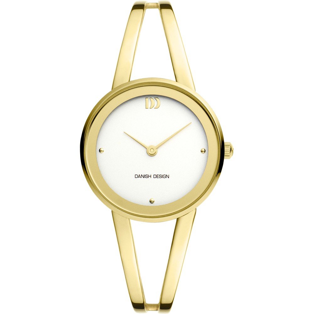 Montre dorée avec cadran blanc, affichage minimaliste et bracelet fin.