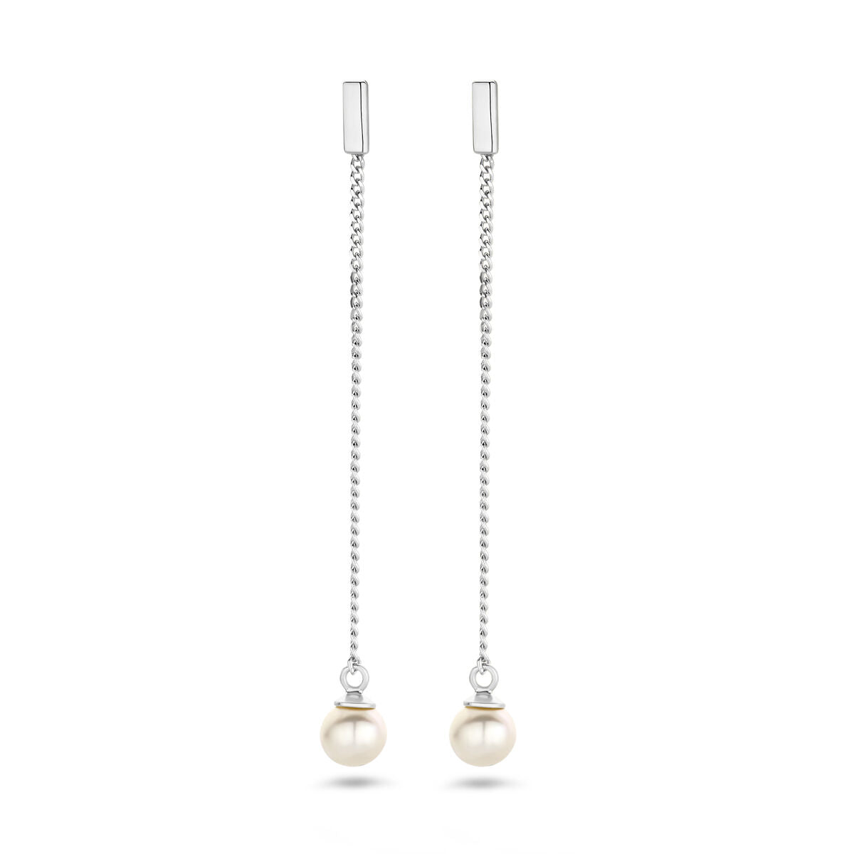Boucles d'oreilles en argent rhodié avec perles pendantes.