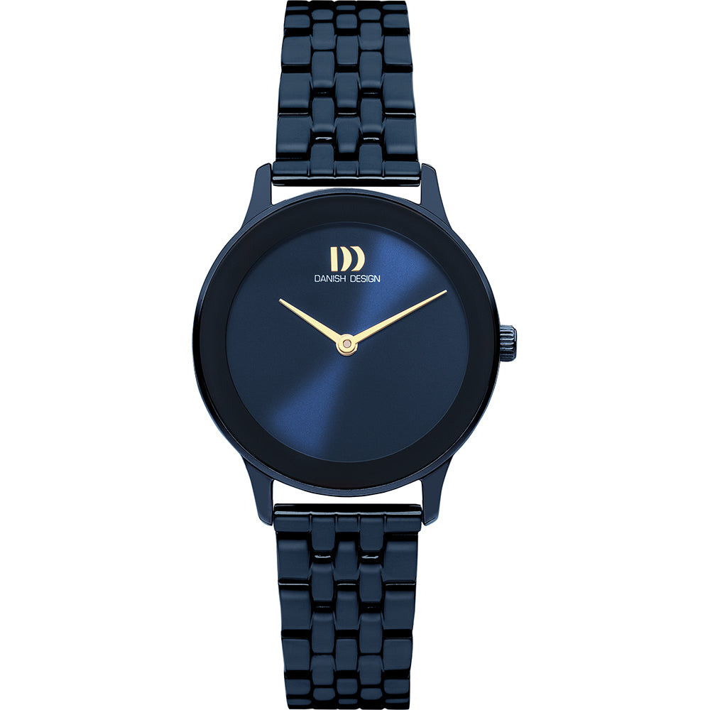 Montre noire avec un cadran bleu et un bracelet en acier inoxydable.