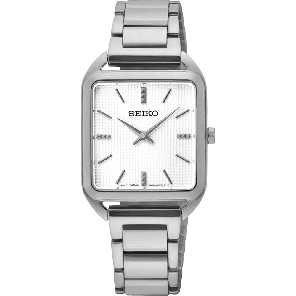 Montre pour femme Seiko avec boîtier argenté, cadran blanc et bracelet en acier inoxydable.