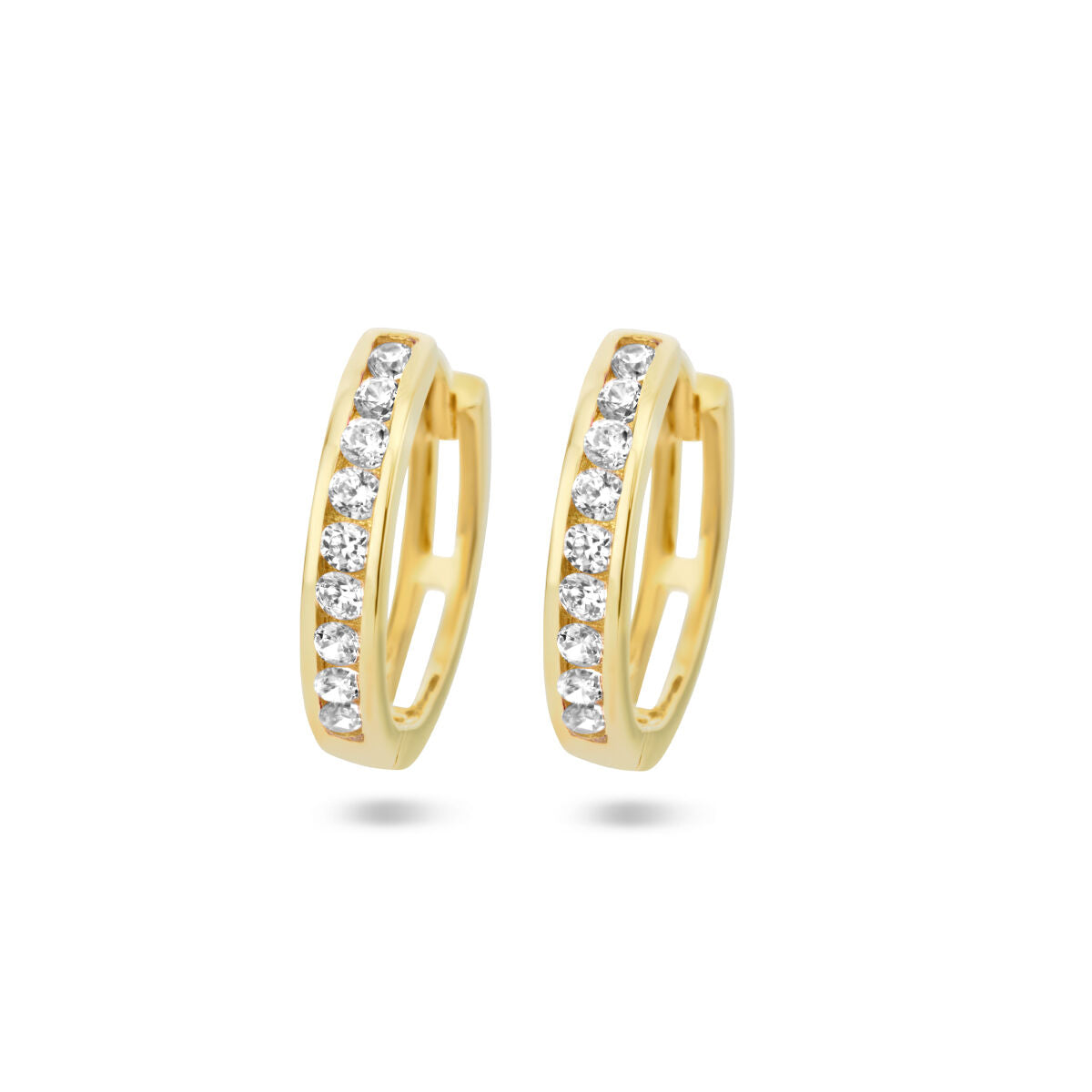 Boucles d'oreilles en or jaune 14K avec zircons blancs, forme ronde et finition brillante.