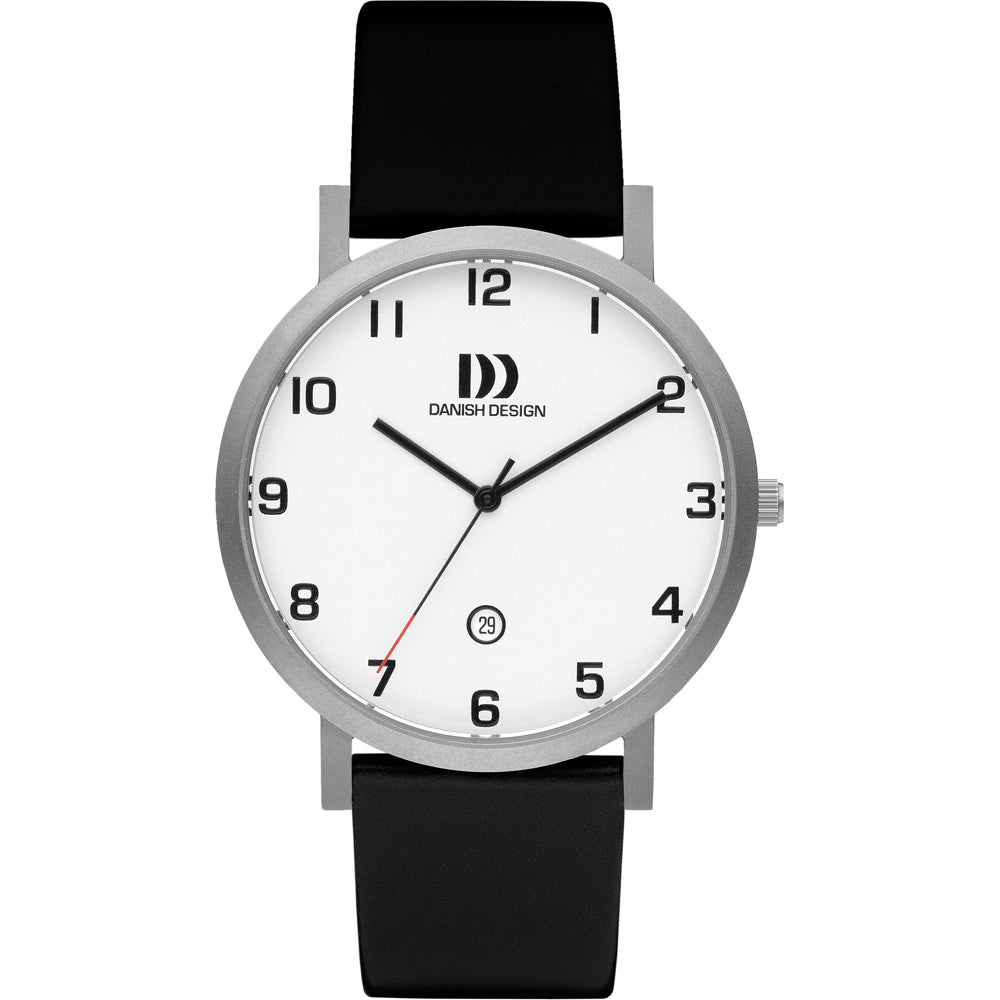 Montre avec boîtier argenté, cadran blanc, chiffres noirs et bracelet en silicone noir.