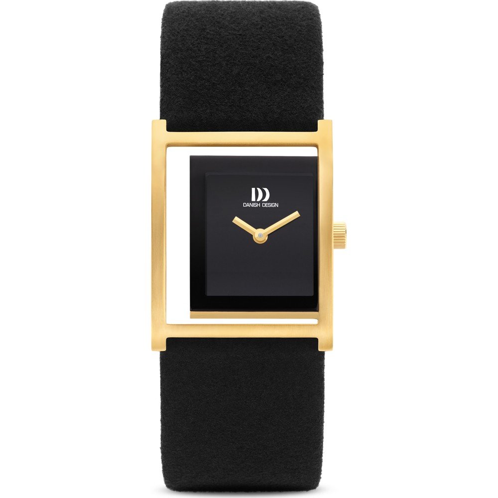Montre pour femme avec cadran noir, boîtier doré et bracelet en cuir noir.