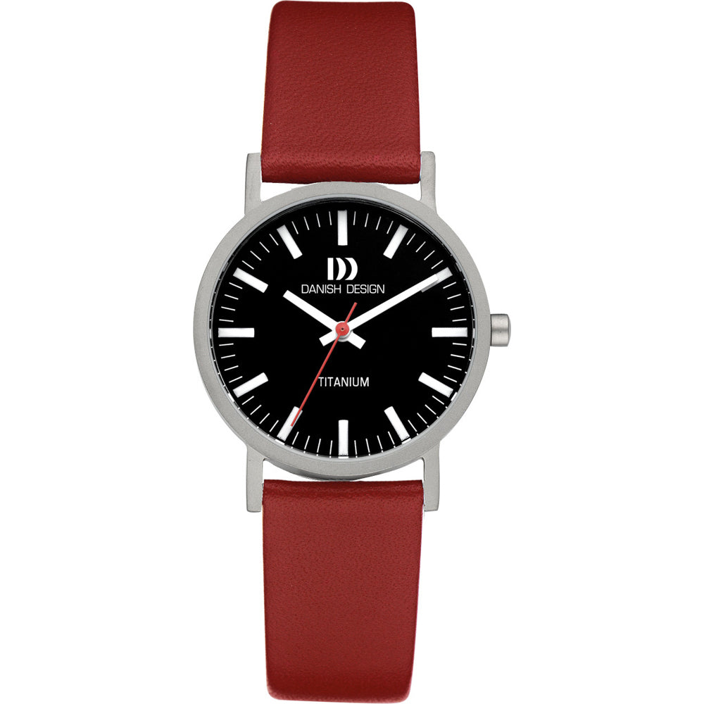 Montre pour femme avec cadran noir, boîtier en titane et bracelet en cuir rouge.