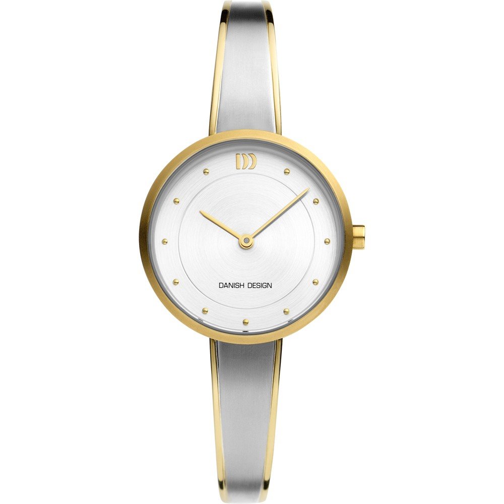 Montre avec un boîtier doré, cadran blanc et bracelet argenté.
