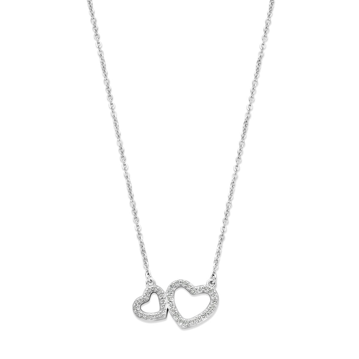 Collier en argent rhodié avec pendentifs en forme de cœurs ornés de zirconia.