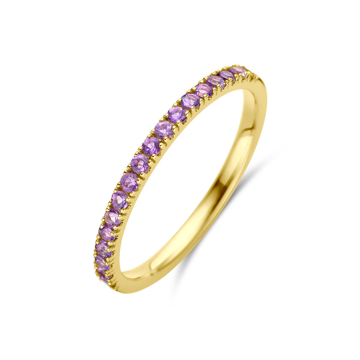 Bague en or jaune 14K ornée de pierres précieuses améthystes.