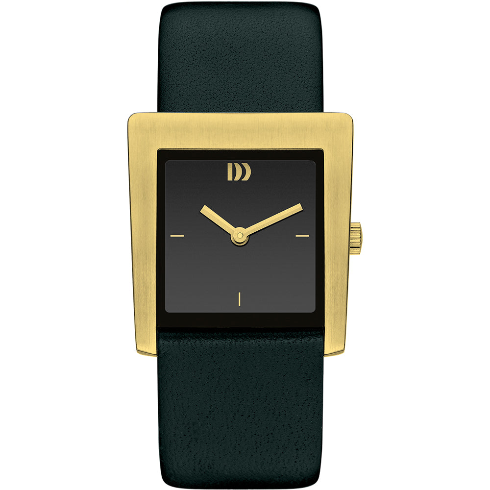 Montre carrée avec boîtier doré, cadran noir et bracelet en cuir vert.