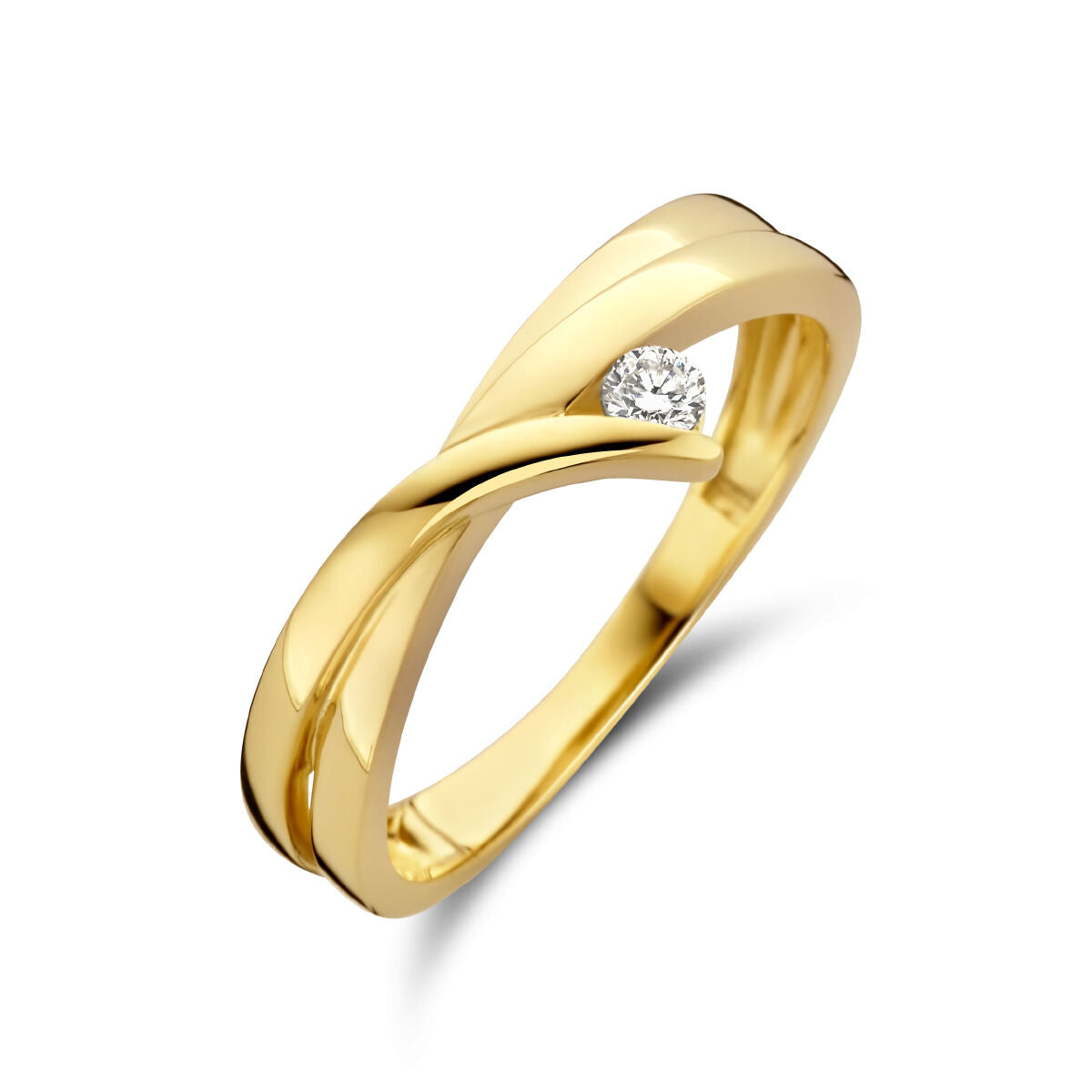 Bague en or jaune 14K avec un diamant de 0,06 ct, design entrelacé.