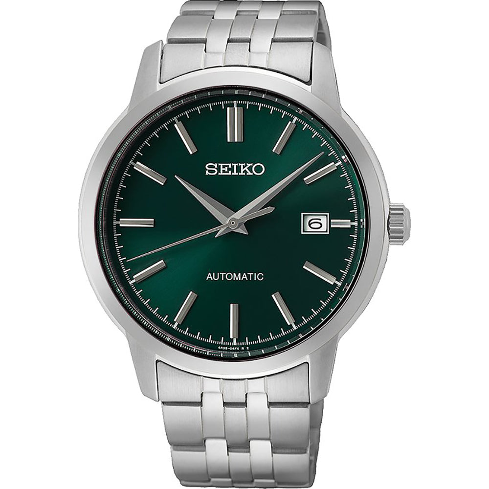 Montre automatique pour homme avec un cadran vert, boîtier en acier inoxydable et bracelet en métal.