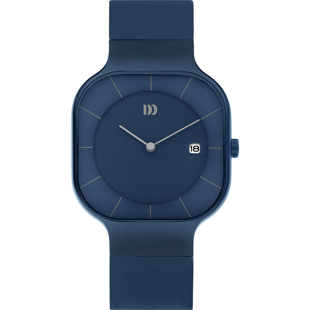 Montre bleue avec un cadran rond, bracelet en silicone et dateur à 3 heures.