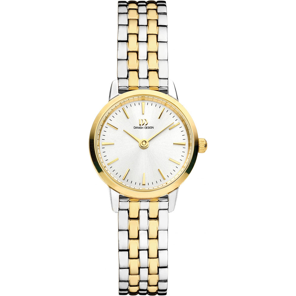 Montre avec un boîtier doré et un bracelet en acier inoxydable argenté et doré, cadran blanc.
