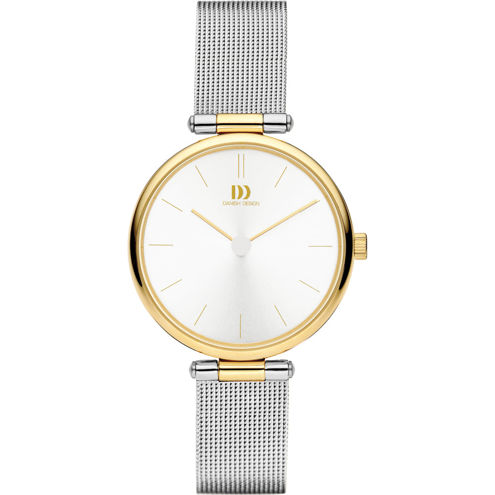 Montre avec un boîtier doré, cadran blanc et bracelet en acier inoxydable argenté.